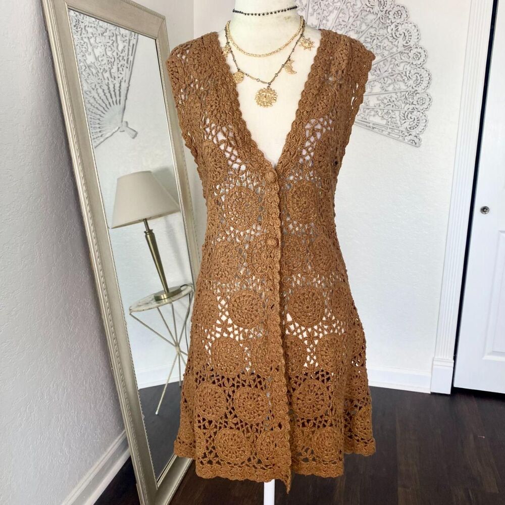 Tan Brown Flower Crochet Hand Knit Silk Overlong Vest Cardigan Top Size L